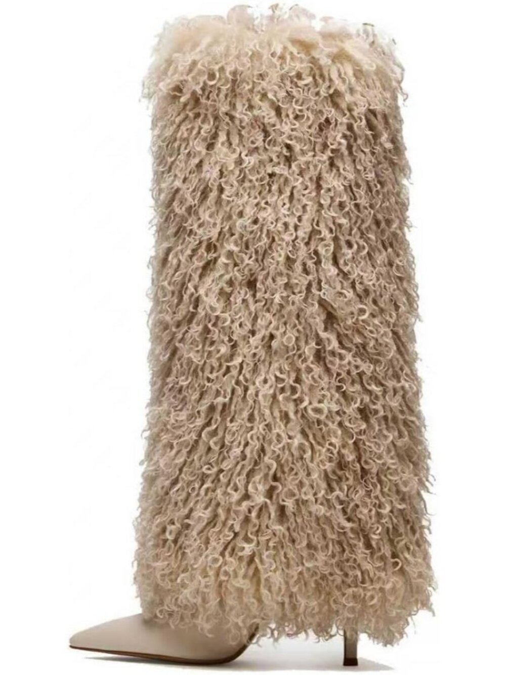 Women's Beige Fur Knee High Boots Pointed Toe Stiletto Heels Fold Over Tall Boot